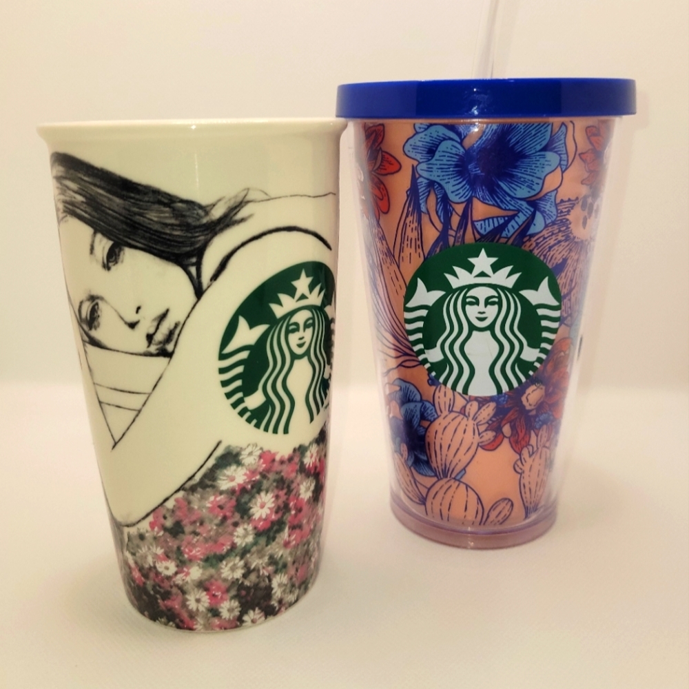 Starbucks florals medium set (one hot-no lid) (one cold w/straw) EUC